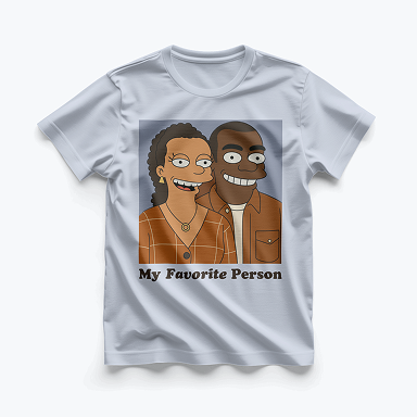 White t-shirt with cartoon characters and text 
