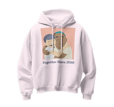 White hoodie with a graphic of two people hugging and 