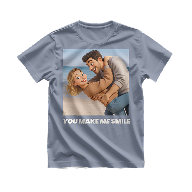 Gray t-shirt with a graphic of a couple hugging and text 