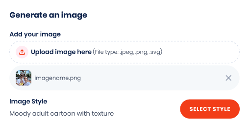 Image generation interface with upload button and style selection options.