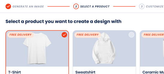 Product selection page for creating a design with a t-shirt and sweatshirt option.