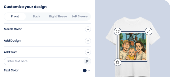 Custom t-shirt design interface with a family photo on a white t-shirt