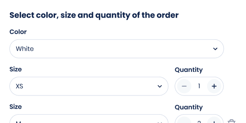 Product order selection interface with color, size, and quantity options.