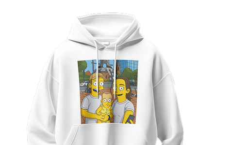 White hoodie with a graphic of three animated characters on a white background