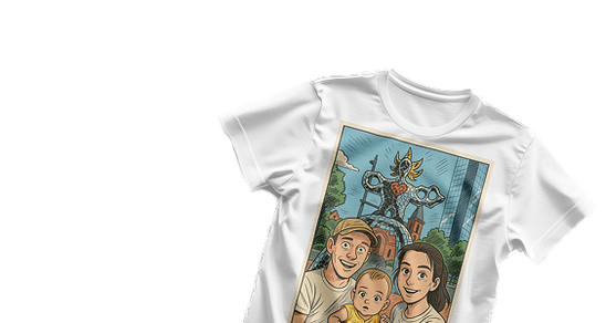 White t-shirt with a colorful graphic of a family and a mechanical dragon on a white background