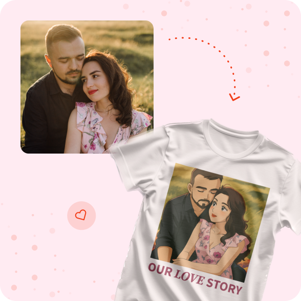 White t-shirt with a printed design of a couple and 